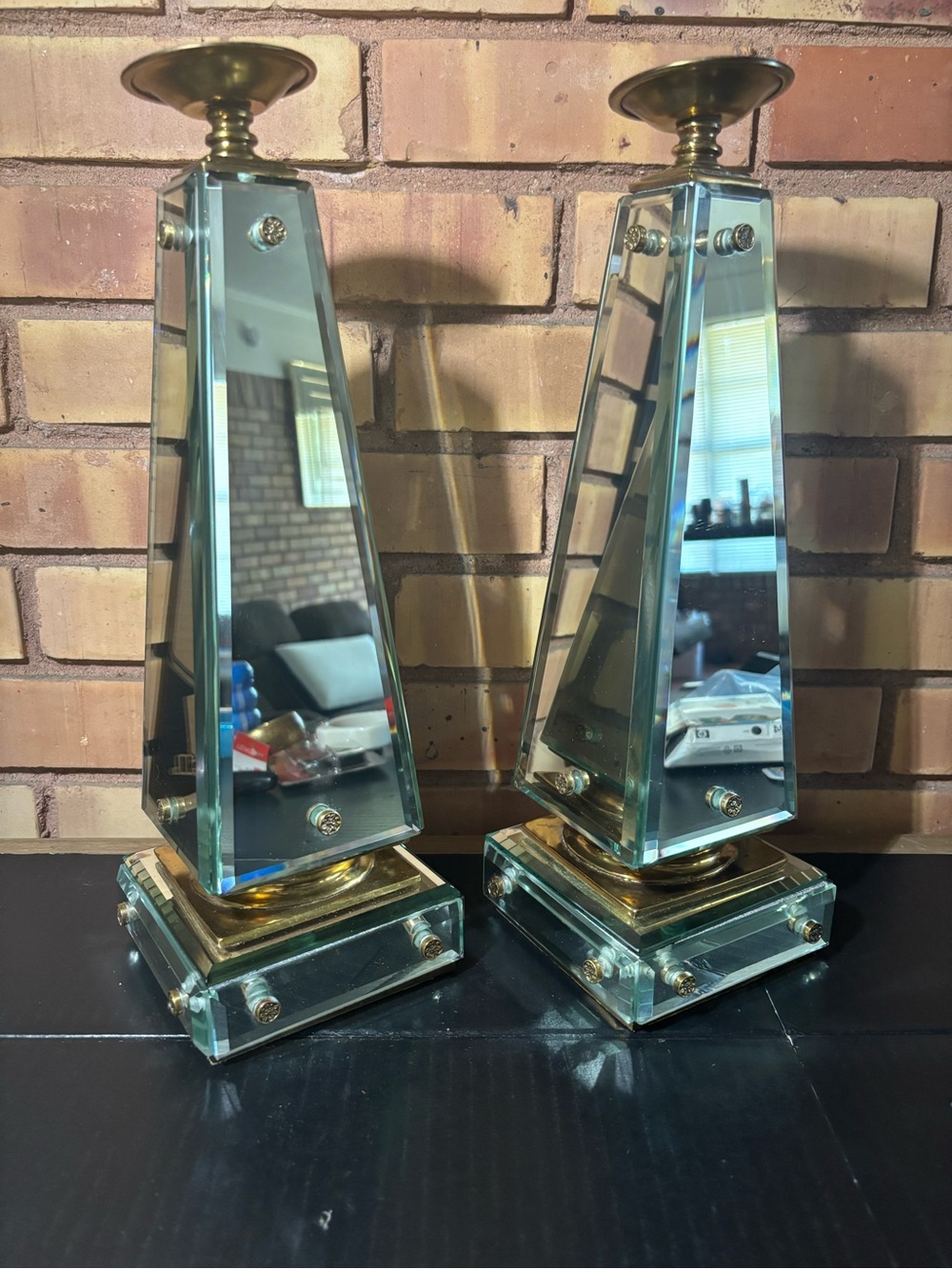 2 Vintage Maitland-Smith Brass Mirrored Obelisk Candlesticks